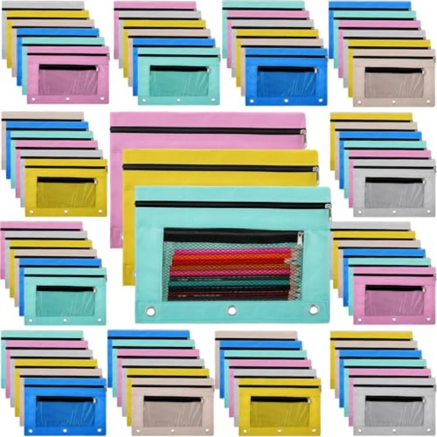 

100 Pcs Zipper Binder Pencil Pouches:3 Ring Binder Pencil Pouches with Zipper Window Bulk Clear Pen Bags Case for Office School