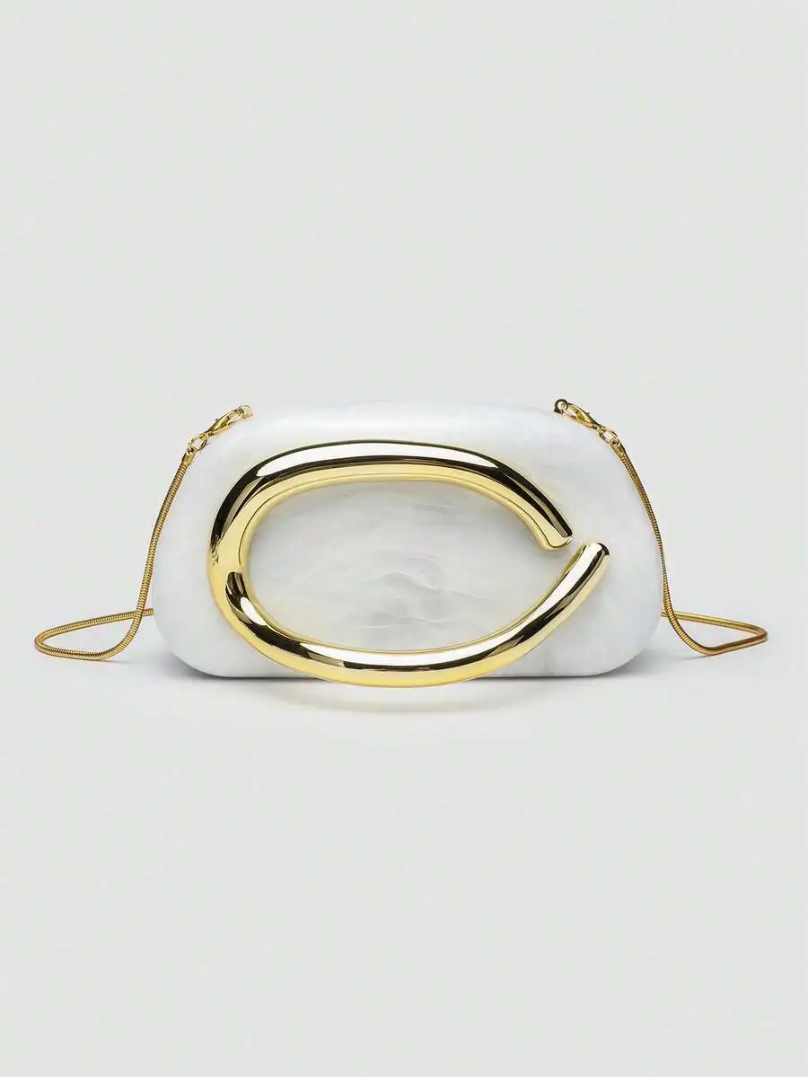 

White PU Clutch Bag With Gold Tone Frame Chain Strap For Party Wedding Evening