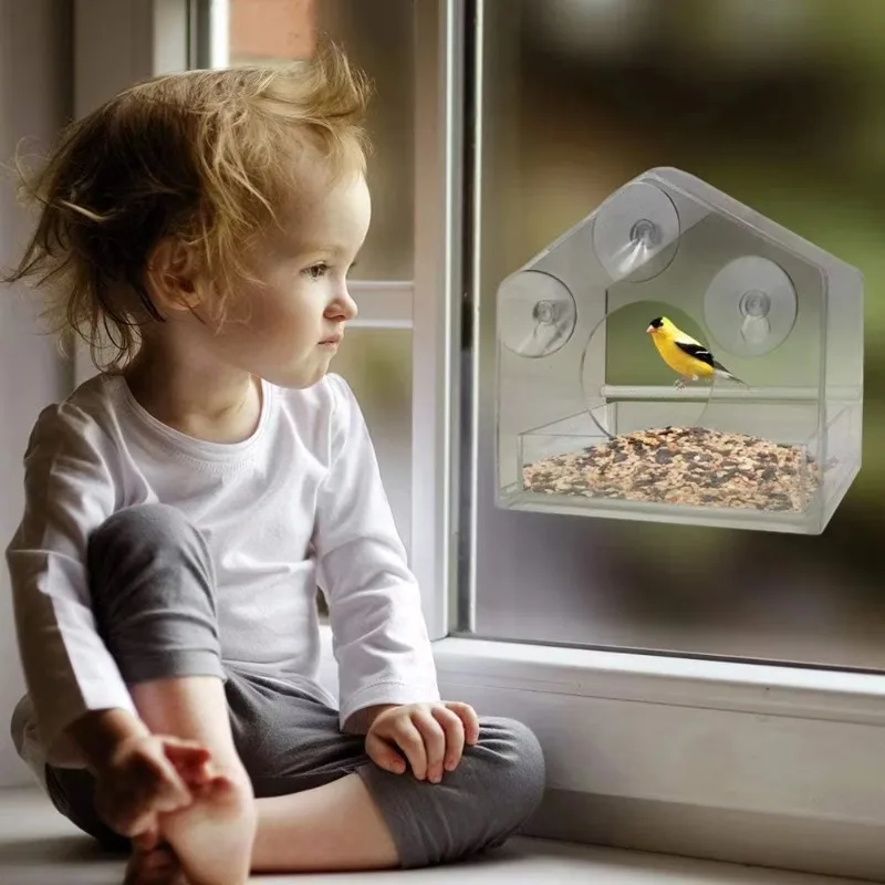

Clear acrylic window bird feeder, sliding seed tray with suction cup, with drain hole