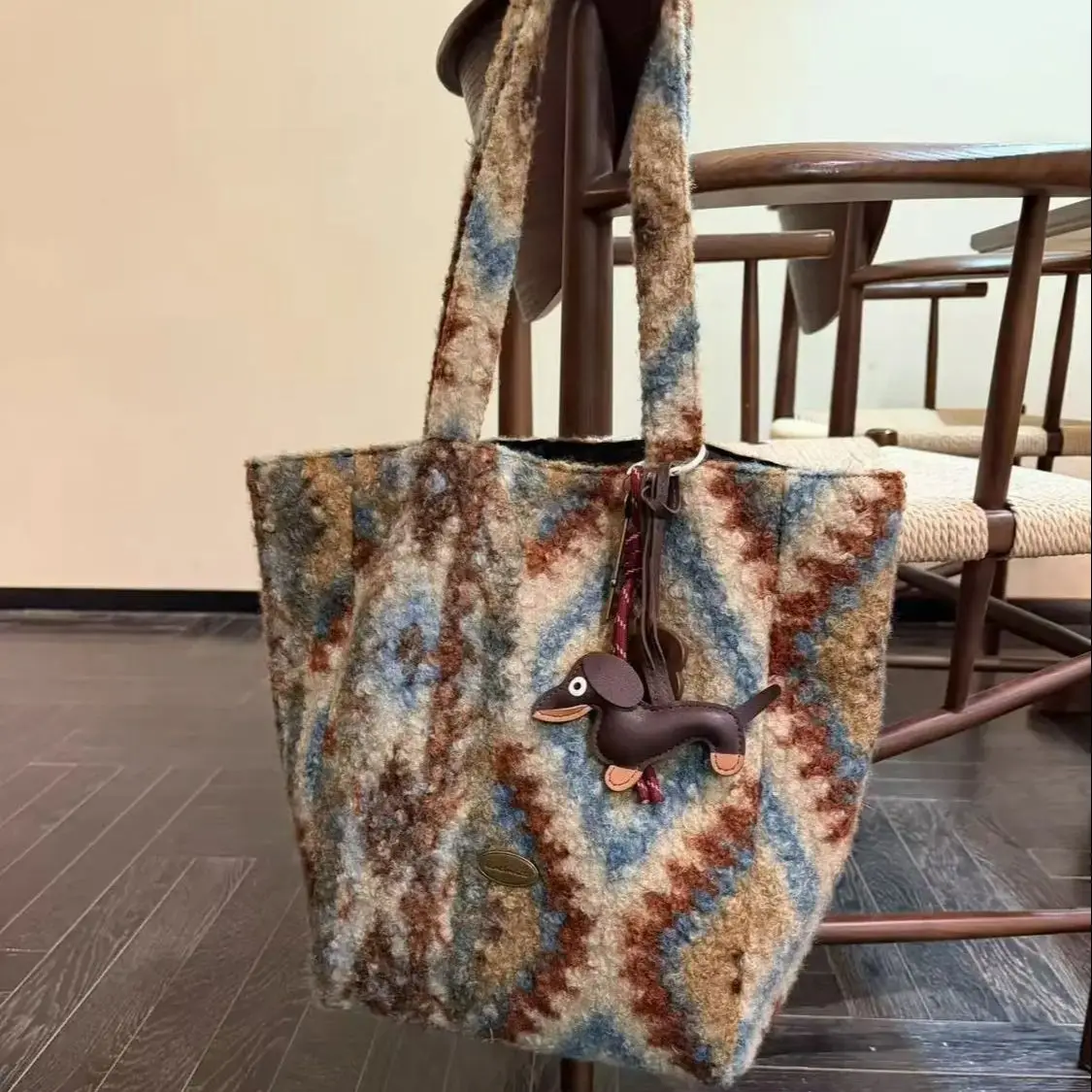 

Stylish Double Sided Design Plaid Tote Bag Colorful Thicken Woolen Tote Bag Soft Large Capacity Handbag Daily Use