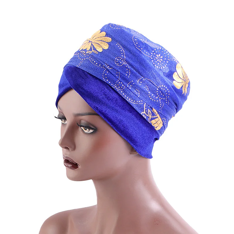 New Women Bronzing print mesh Head Scarf Plain Velvet Hijab Turban Caps Long Tail African Wraps Cap Bonnet Turbante Mujer