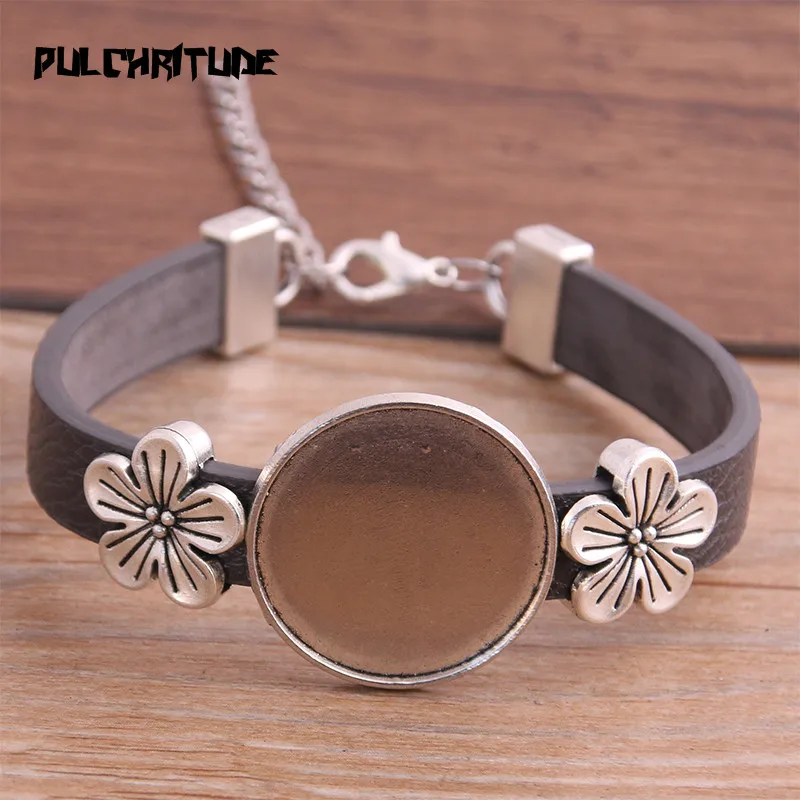 1pcs 6 Color PU Bracelet Silver color Flower Base Setting Cuff Blank Trays Brazel Fit 25mm Glass Cameo Dome Cabochon DIY Jewelry