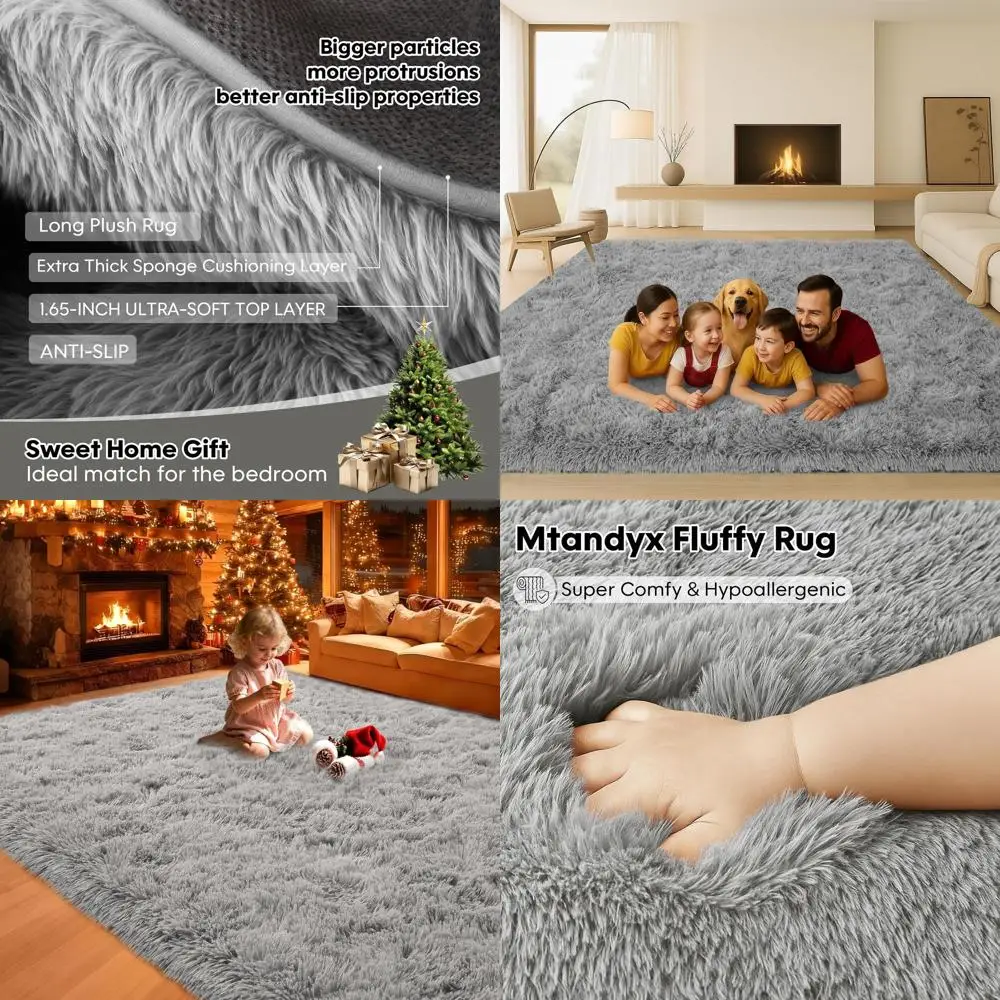 

Светло-серый плюшевый ковер 5x7, ультрамягкий для гостиных, нескользящий для спален, подходит для детских комнат, для декора интерьера