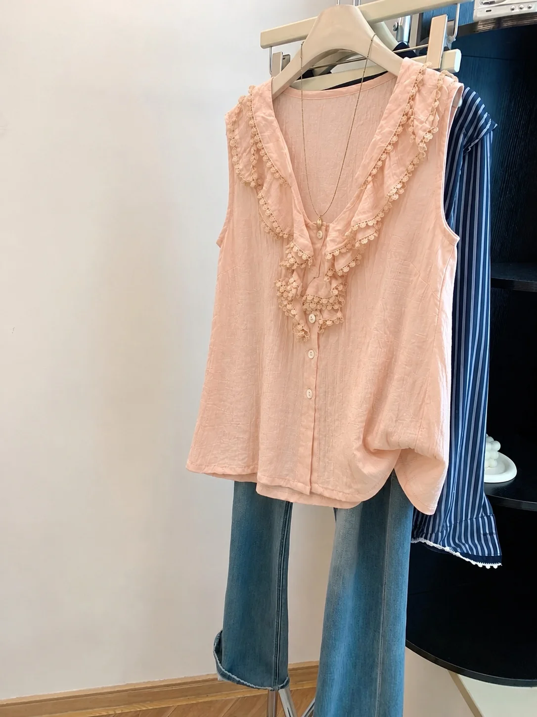 

Loose Sleeveless V-Neck Vest for Men And Women Summer Casual Style Sweet Lace Trim Slimming Top Comfortable Fit Shirt