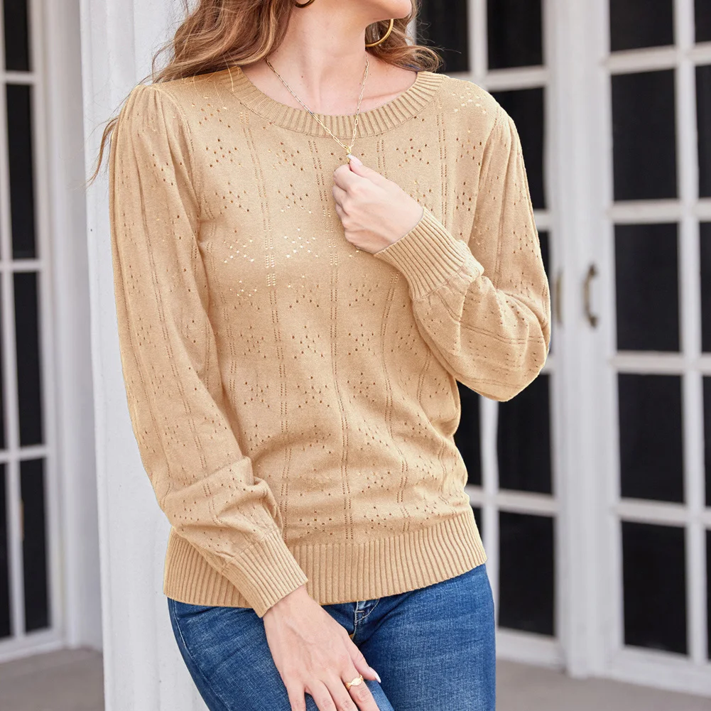 GK Elegant Pullover Sweaters Women Hollowed Out Long Sleeve Crew Neck Knitwear Loose Fit Knit Shirt Blouse Ribbed Slim Fit Tops