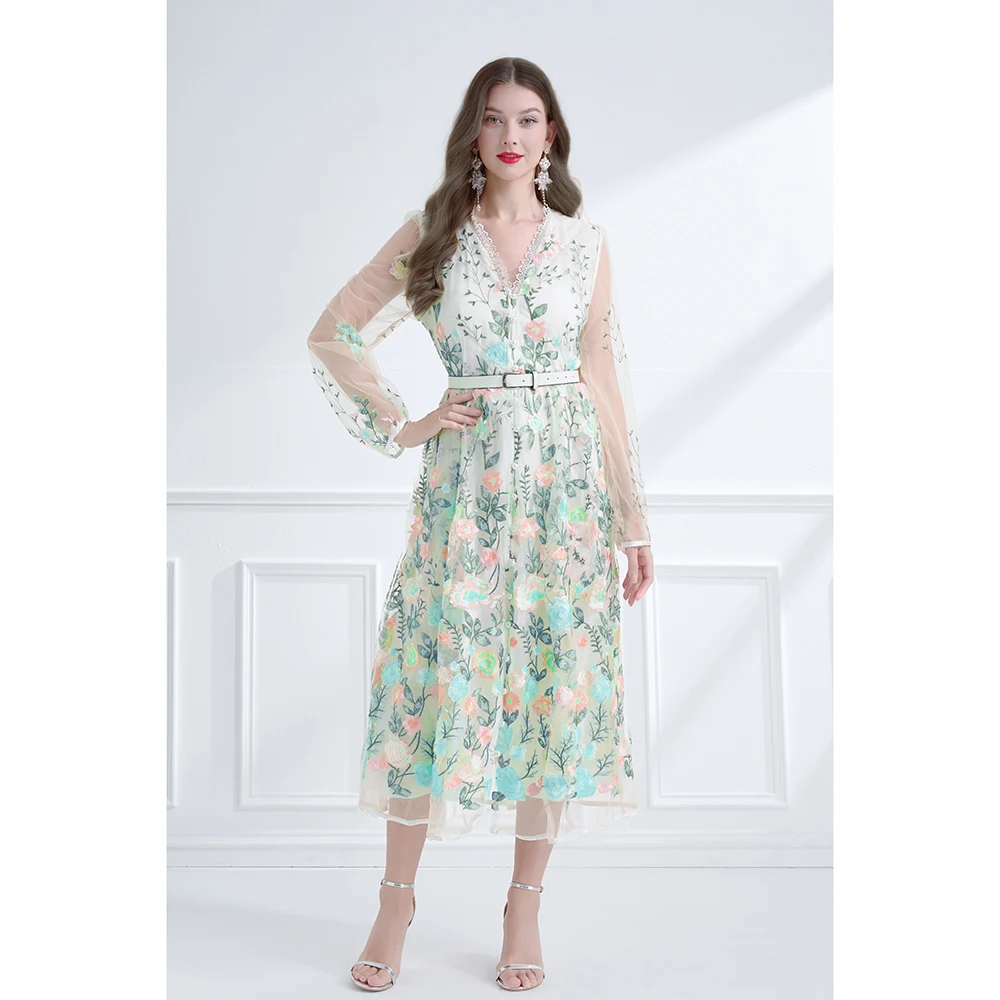 

Summer Autumn Vintage Elegant Women Dress Print Decoration Transparent Long Sleeves Dress V-neck with Waistband Evening Gown