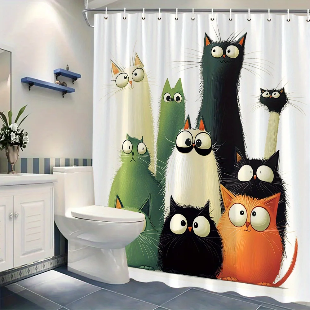Funny Cartoon Cats Shower Curtain Waterproof Moisture Proof Privacy Protection Print Colorful Cat Family Design Cute Animal Art