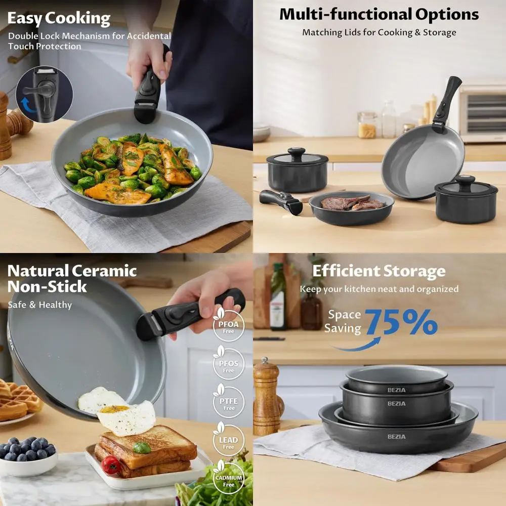 

Nonstick 10-Piece Induction Cookware Set with Detachable Handles, Perfect for Camping and RV Kitchen Use, Oven Safe