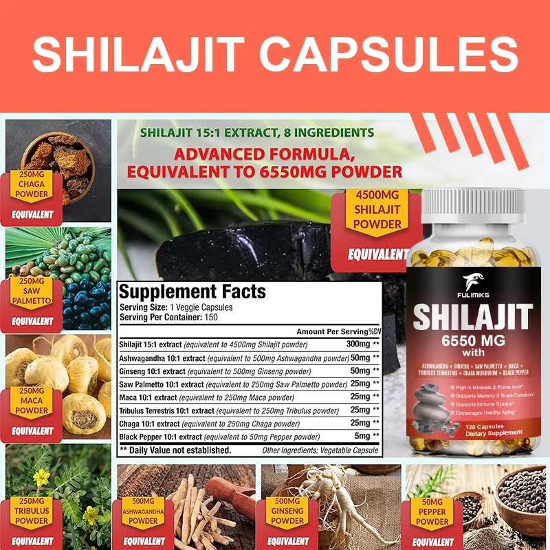 Shilajit Resin Himalayan Capsules - 6550mg - Combined Ashwagandha, Ginseng, Saw Palmetto, Maca, Tribulus, Chaga, Black Pepper