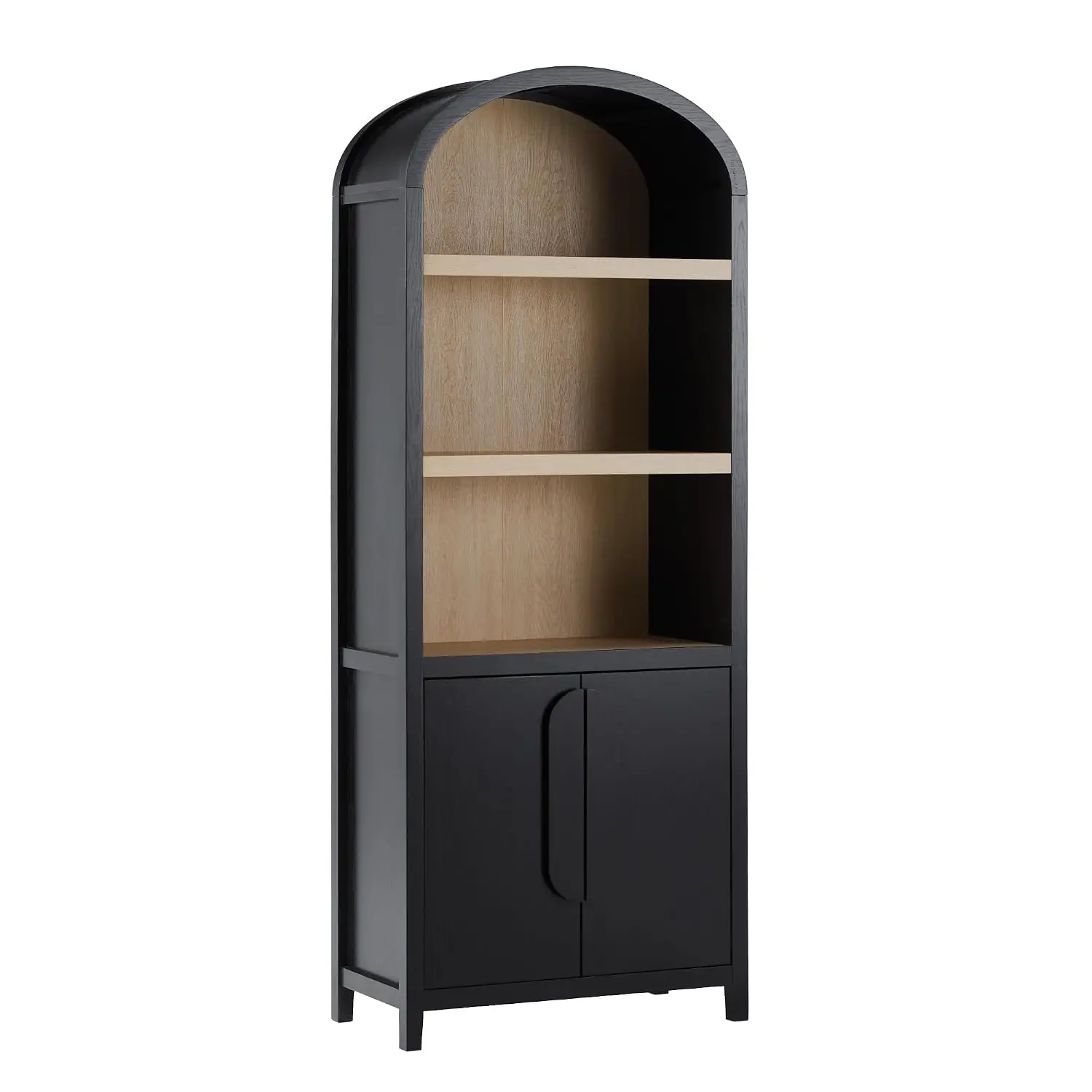 Arched 3-Shelf Bookcase With Lower Cabinet & Doors, Curved Top Storage Shelf For Home Office & Living Room, Black, Customized