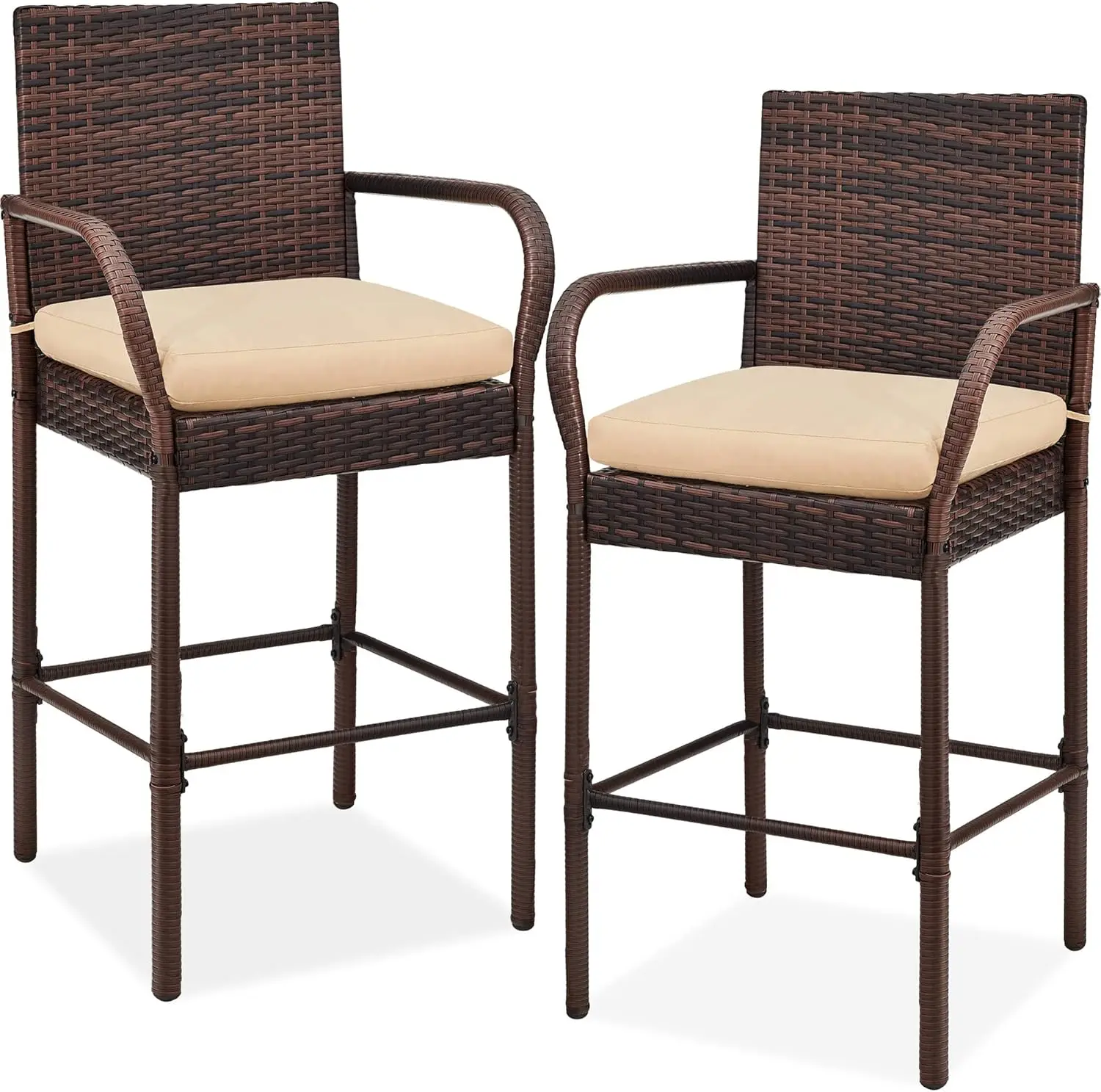 Set of 2 Wicker Bar Stools, Indoor Outdoor Bar Height Chairs w/Cushion, Footrests, Armrests for Backyard, P