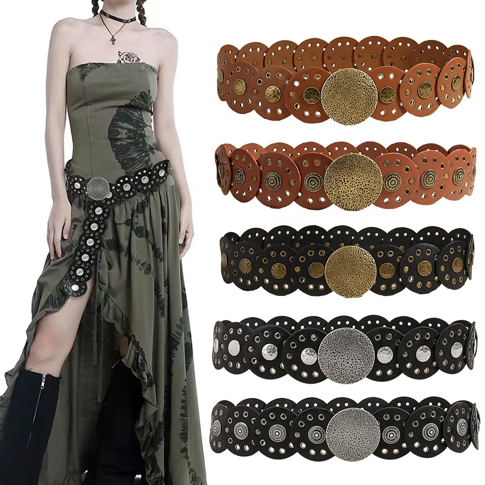 

Retro Exaggerated Style Sexy Hollow Metal Buckle Leather Belt Cowgirl Retro Accessories Waist Belts Women Halloween Party Belts