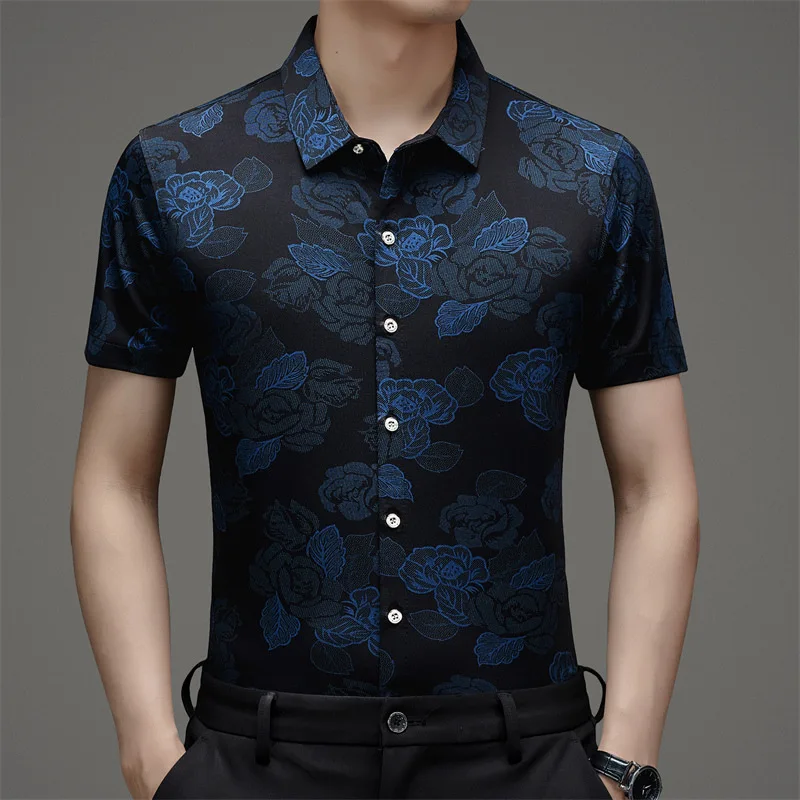 Hot Sale 2024 Summer New Middle-aged Men's Stretch Ice Silk Short Sleeve Floral Shirt drop Shipping