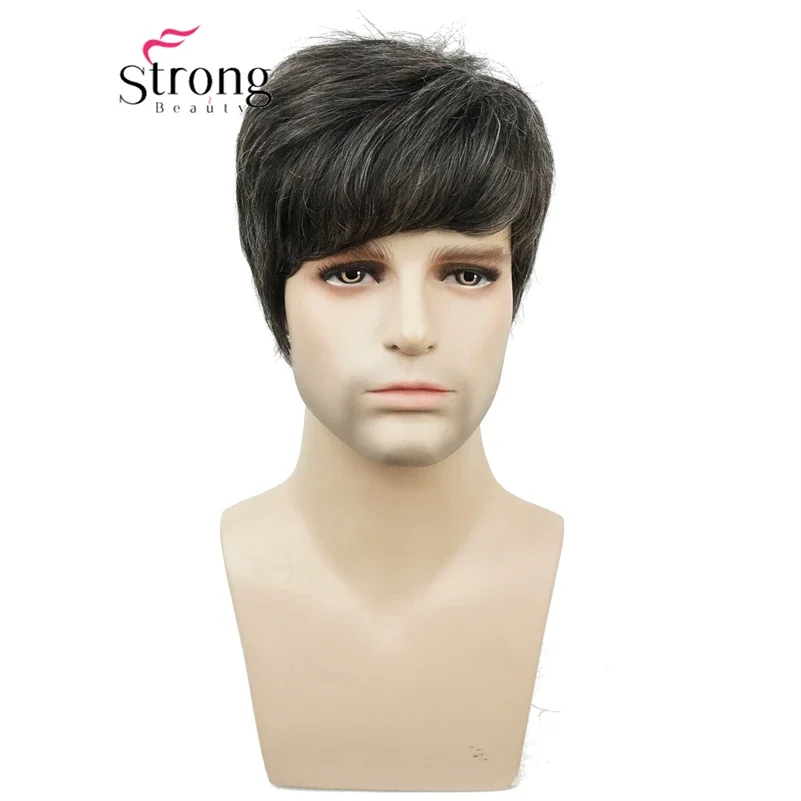 Strongbeauty Wig for Men short Black mix Grey Hair Wig Synthetic Daily Natural Cosplay Party Full Wigs