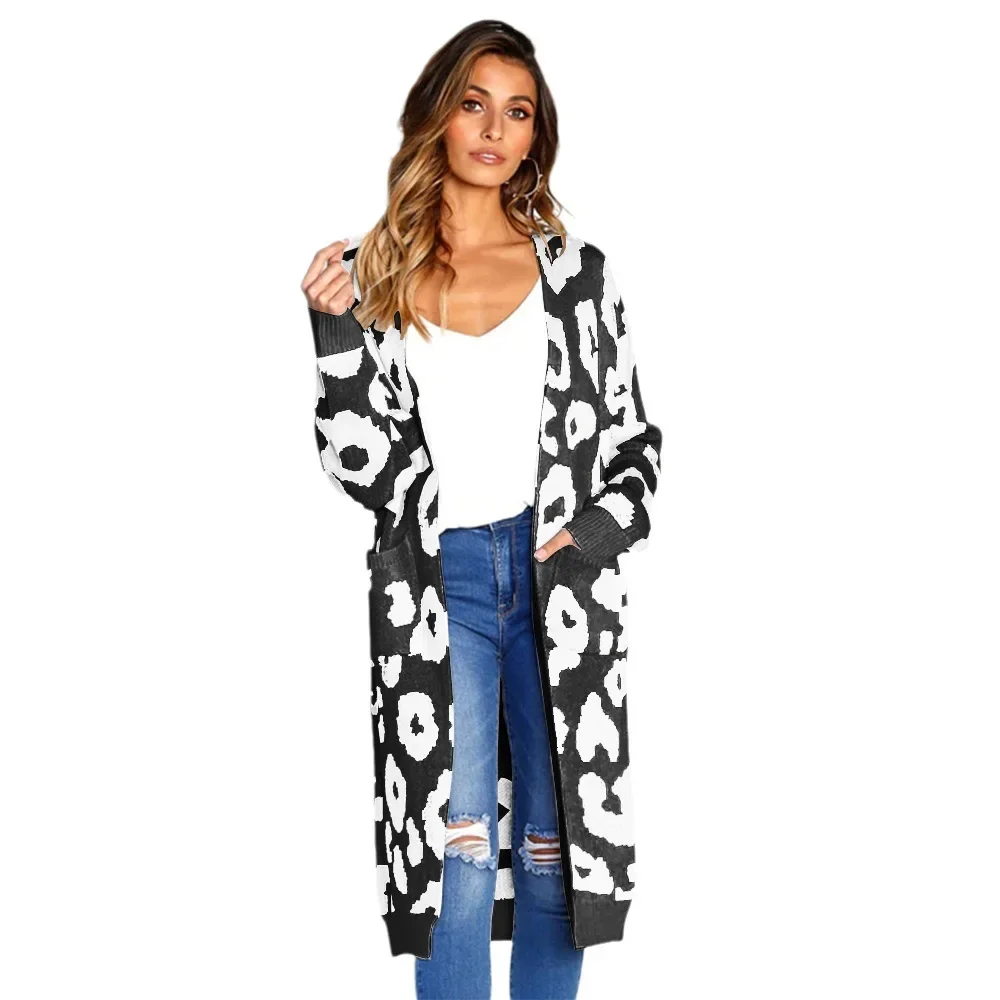 Women's New Autumn Fashion Leopard Print Knit Cardigan Sweater Coat Loose Casual Long Knit Cardigan Sweater Coat with Pockets