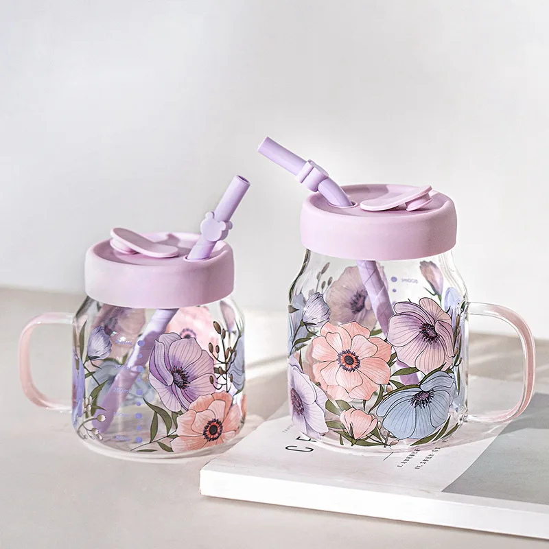 

ZML large capacity cute straw cup high borosilicate silicone cup lid juice cup