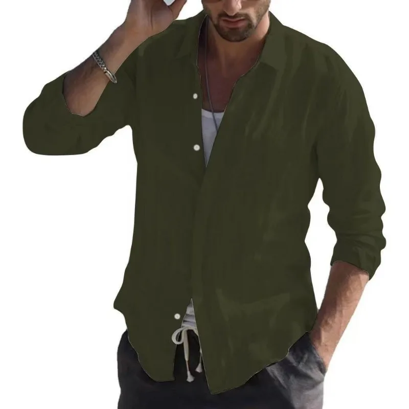 

Men's Solid Color Linen Long Sleeve Button Down Shirt Lapel Casual Loose Vacation Shirts