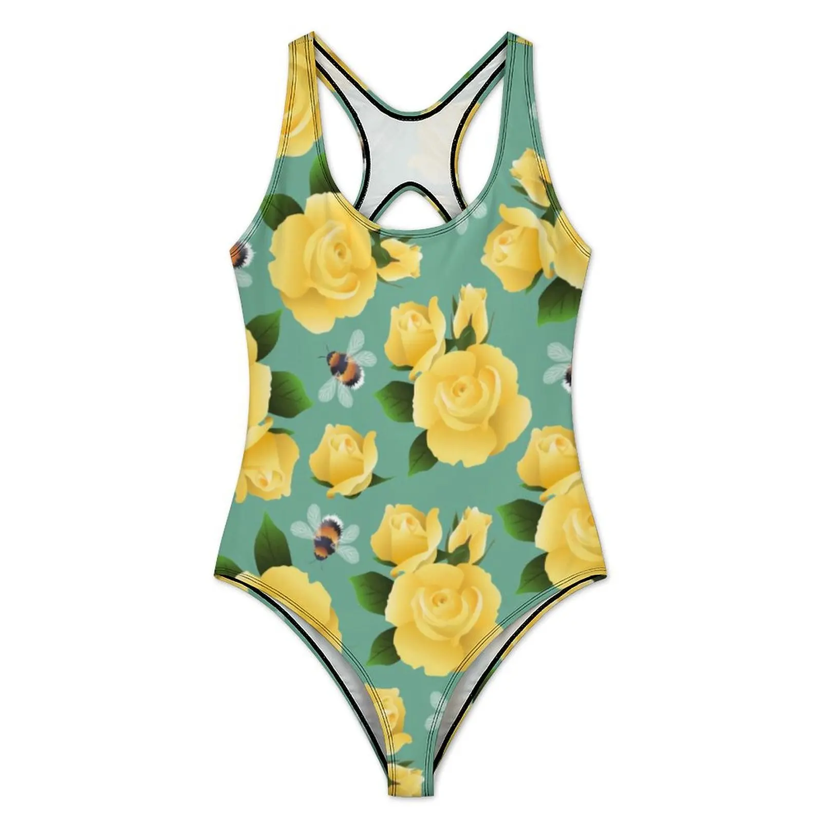 Flying Bees Swimsuit Yellow Roses Print Swimwear One Piece Swimsuits High Cut Monokini Women Push Up Sexy Beach Wear Gift Idea