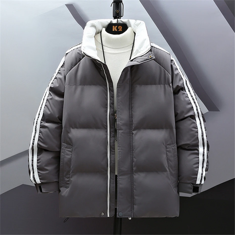 Jaqueta acolchoada monocromática masculina, parkas quente para inverno, casacos casuais, gola de gola, moda masculina