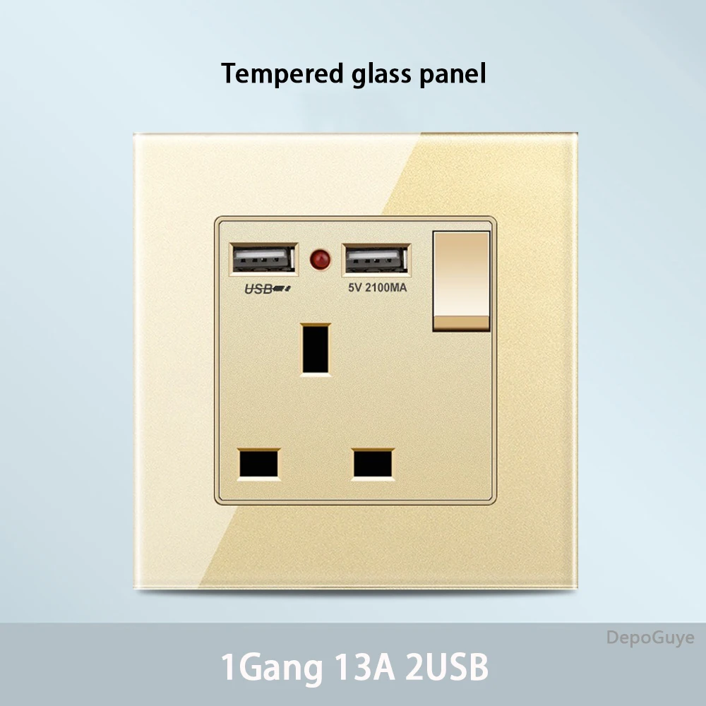 Gold Universal Tempered Glass Wall Socket,UK 13A power outlet with USB Type C 18W Quick Charge,Home Light Electric Switch Panel image 3