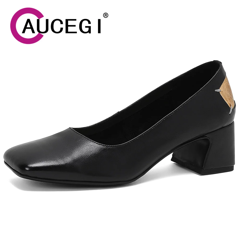 

Aucegi Sexy Retro Genuine Leather Pumps Basic Model Women Temperament Square Toe Thick High Heel Ladies Dress Fashion Shoes