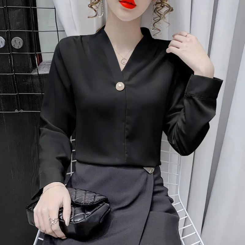 Women\'s Autumn Thin Fashion Simplicity Solid Color V-neck Long Sleeve Shirts Women Clothes Casual All-match Temperament Tops