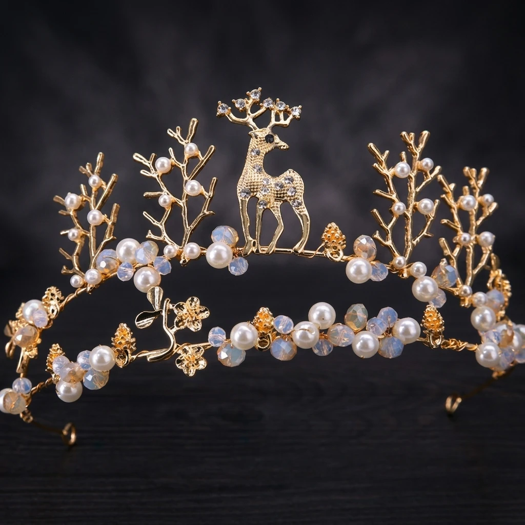 Princess Crown Elegant Birthday Party for Girls Beads Deer Headband Flower Hair Accessories Kids Performance Hairbands Ornaments view 3