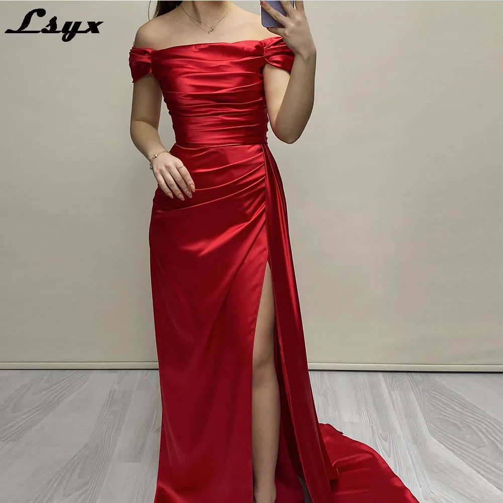 

LSYX Mono Simple Evening Dresses Boat Neck Off the Shoulder Side High Slit Sweep Train Long Prom Party Gown robes de soirée