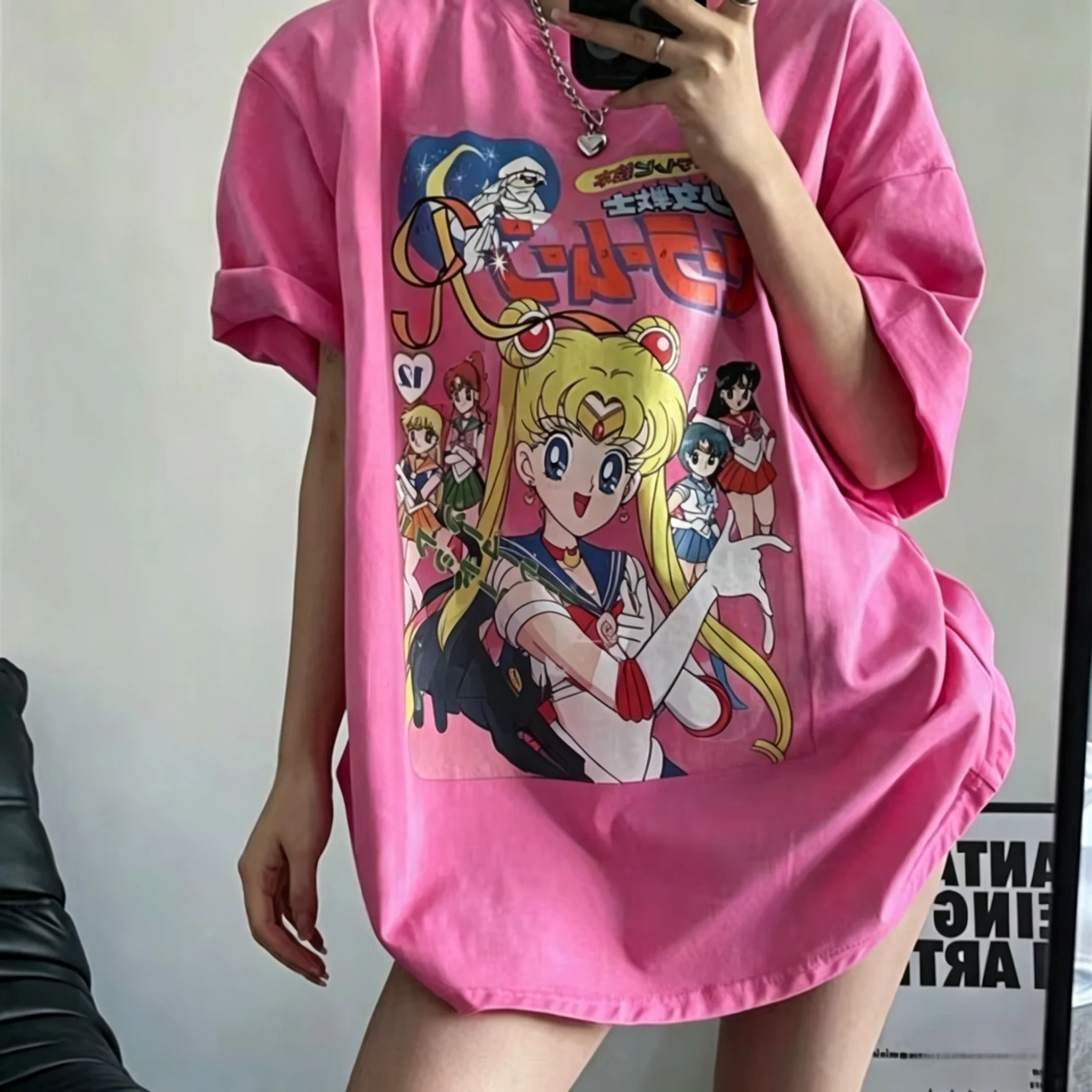 2026 Sailor Moon Usagi Retro T-Shirt, Luna & Sailor Team Print,Cotton Loose Oversized Y2K Anime Streetwear Tops for Women Girls