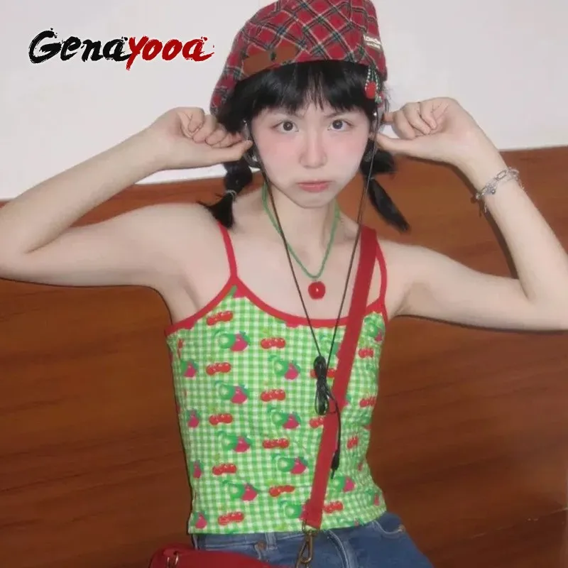 Genayooa Harajuku Tank Tops Women Sleeveless Print Patchwork Halter Crop Tops Y2k Vintage Tops Streetwear 2000s Japanese Summer