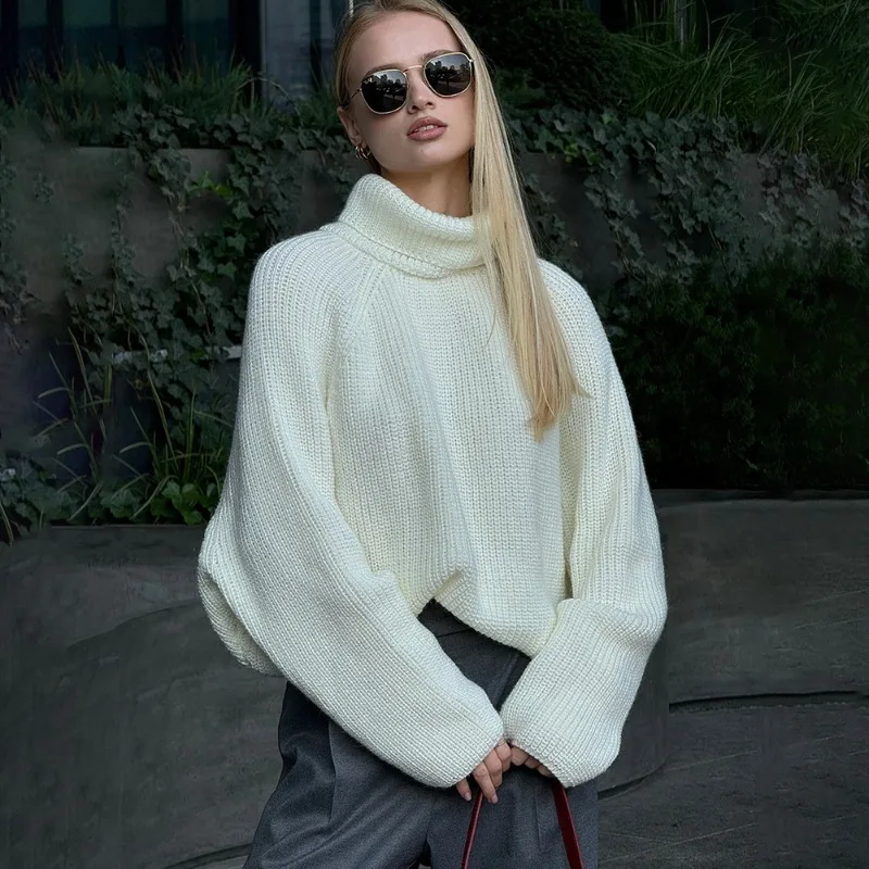 

Tuularose White Casual Sweater Fall High Neck Loose Slit Backless Knit Pullovers Top Office Lady Warm Streetwear Women's Sweater