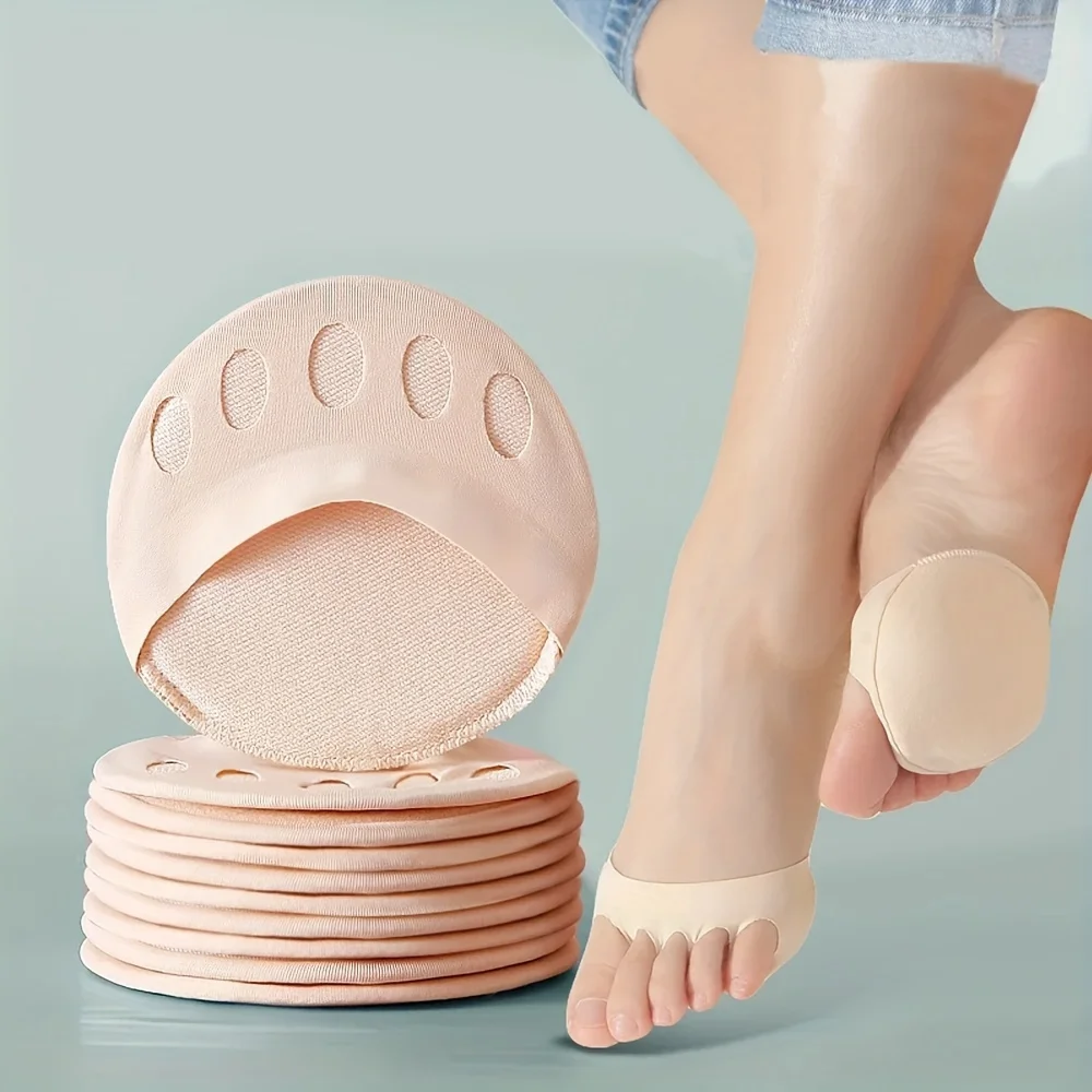 زوجان (4 قطع) وسادات نسائية بكعب عالٍ لمقدمة القدم - تصميم 5 أصابع، غير قابلة للانزلاق وتنفس بيج/أسود نصف نعال للعناية بالقدم