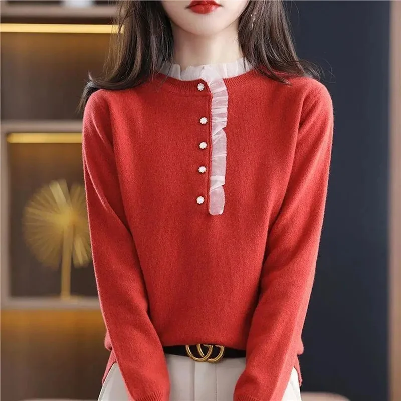 Women\'s Sweater 2023 New Autumn Winter Lace Pullover Long-Sleeve Casual Jumper Knitted Sweaters Women Clothes Pull Femme