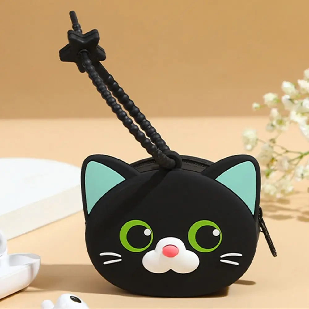 Portable Solid Color Cartoon Silicone Coin Purse, Mini Earphone Storage Bag, Cute Cat Wallet, INS Data Cable Storage, Homens