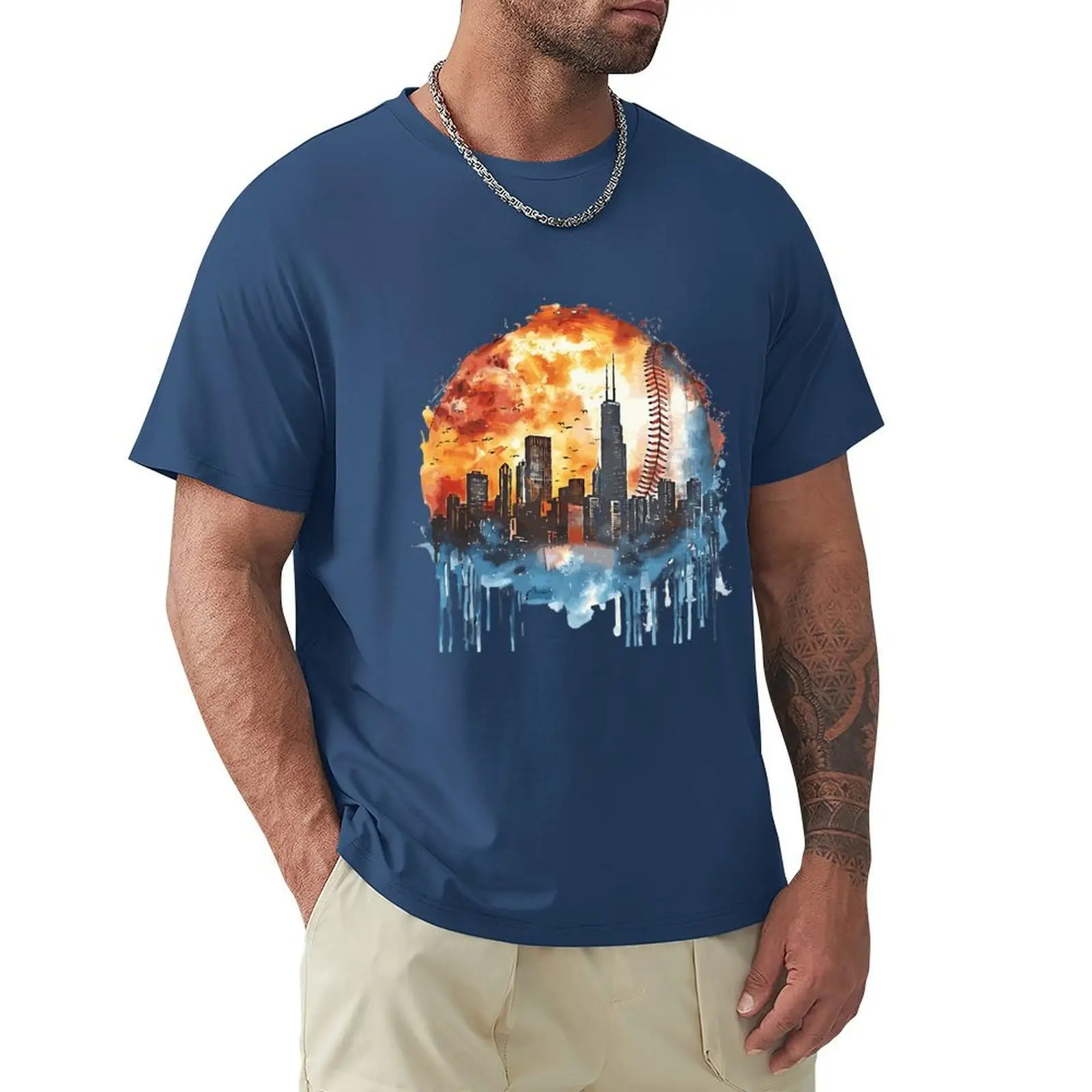 Cityscape Skyline Apparel for Baseball Fans Men's Cotton Graphic T Shirts Casual Crewneck Summer Tee TopsGraphic Y2K vintage Lux