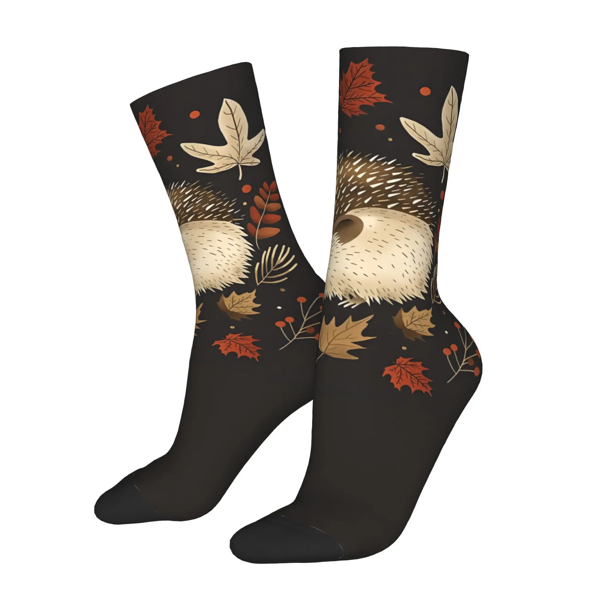 1pc Hedgehog Autumn Fall Leaves  Printed Men's Socks Novelty Hip Hop Harajuku Pattern Crew Sock Casual Gift