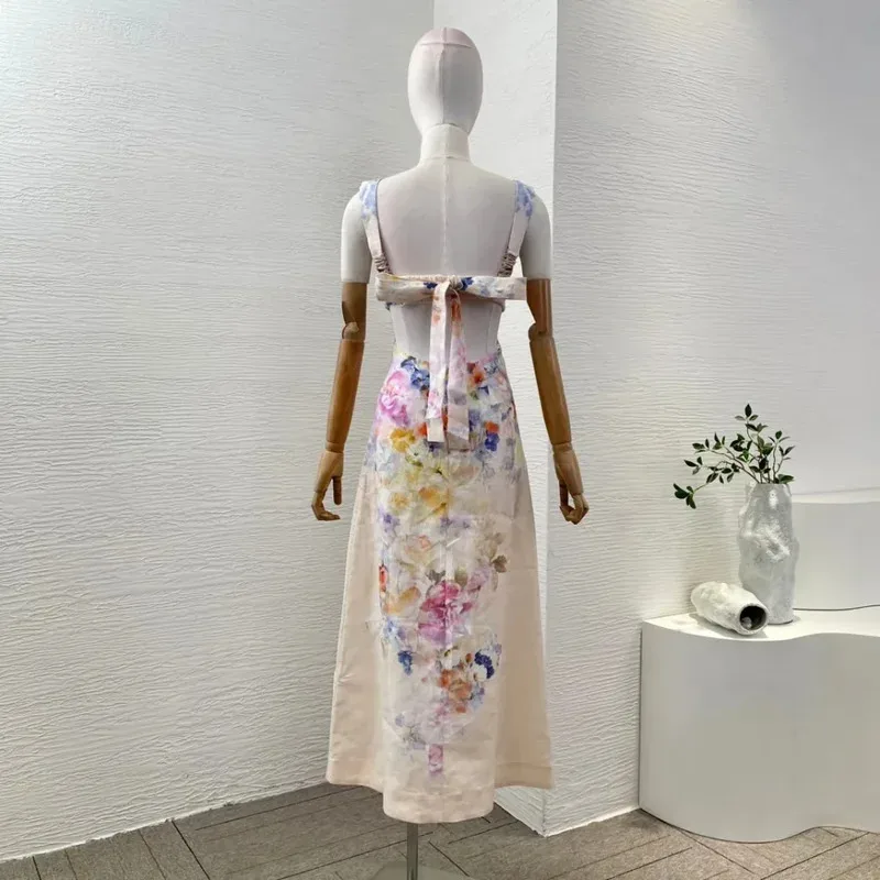 فستان ميدي للعطلات للسيدات موديل 2025 على طراز الشاطئ بدون أكمام وخصر خلفي بدون حمالات