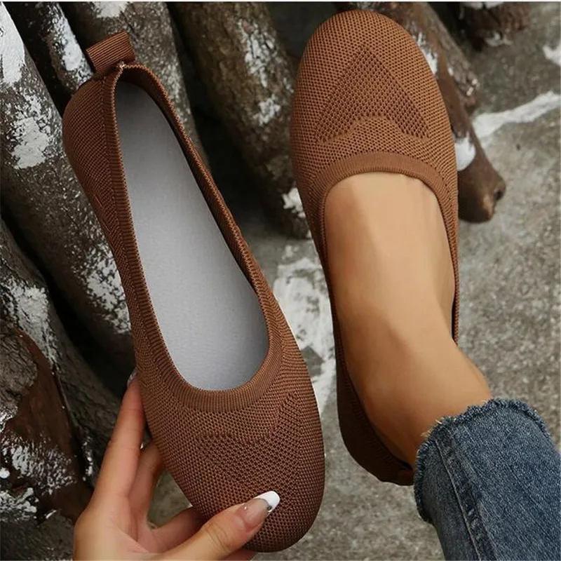 Ladies flat shoes solid breathable knitted round head flat tennis shoes, suitable for women wearing in summer