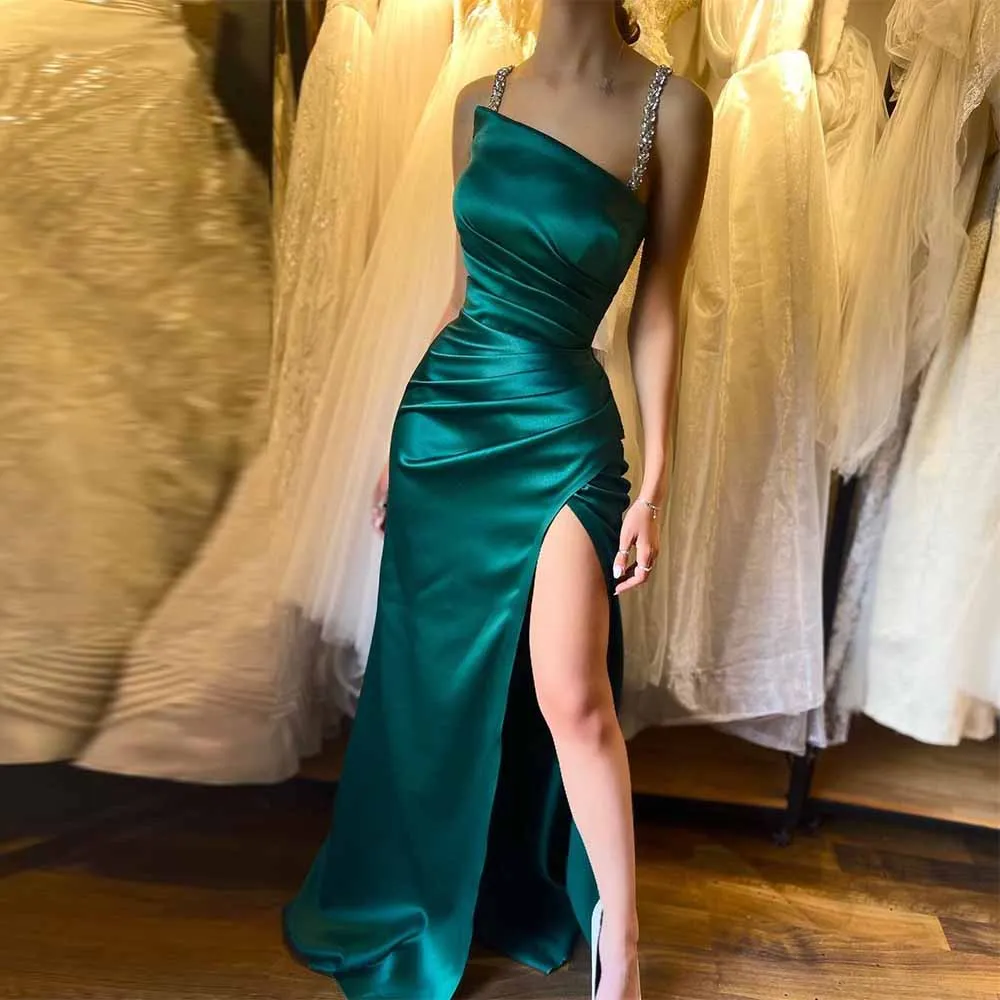 

2025 Simple Women's Evening Dresses Satin Sheath/Column Celebrity Dress Turquoise Spaghetti Strap Pleat Rhinestones Prom Dress