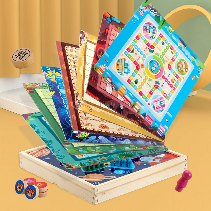 Damas infantis de madeira, xadrez voador, gamão, xadrez de besta de combate, jogo multifuncional nove em um, xadrez, estudante para