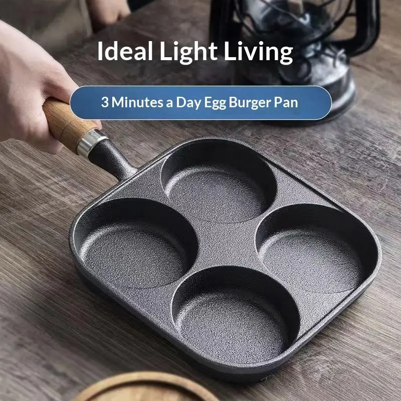 1Pcs Eggs Burger Skillet 4 Grid Cast Iron Frying Pan Non-stick Flat-bottom Pot Breakfast Bread/Steak Pan Kitchen Cookware