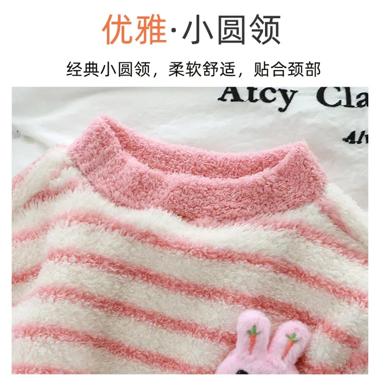 New Autumn Winter Kids Thicken Fleece Pajamas Boys Girls Cute Cartoon Panda Striped Pullover Homewear Child Casual Clothing Sets