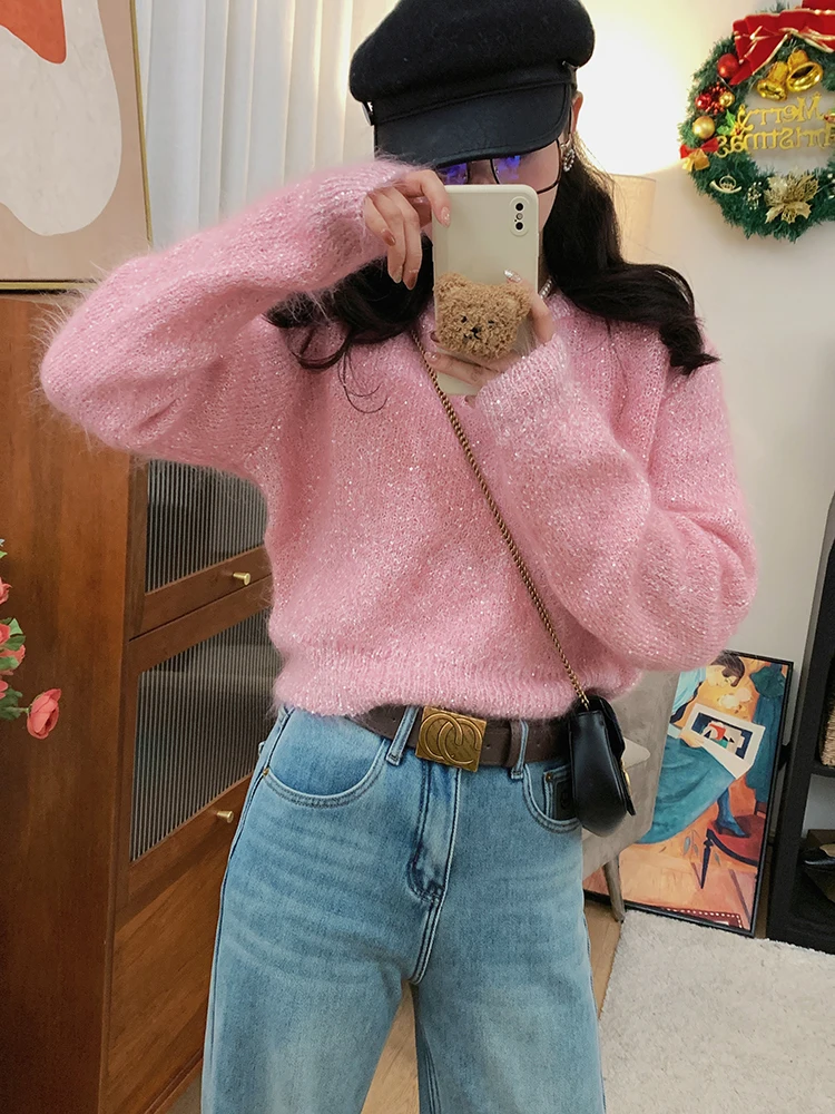 

Adorable iny Sequin Ma Hai Wool Women's Knitwear ort Thiened round Ne Pullover Sweet Sle Winter Faion Top