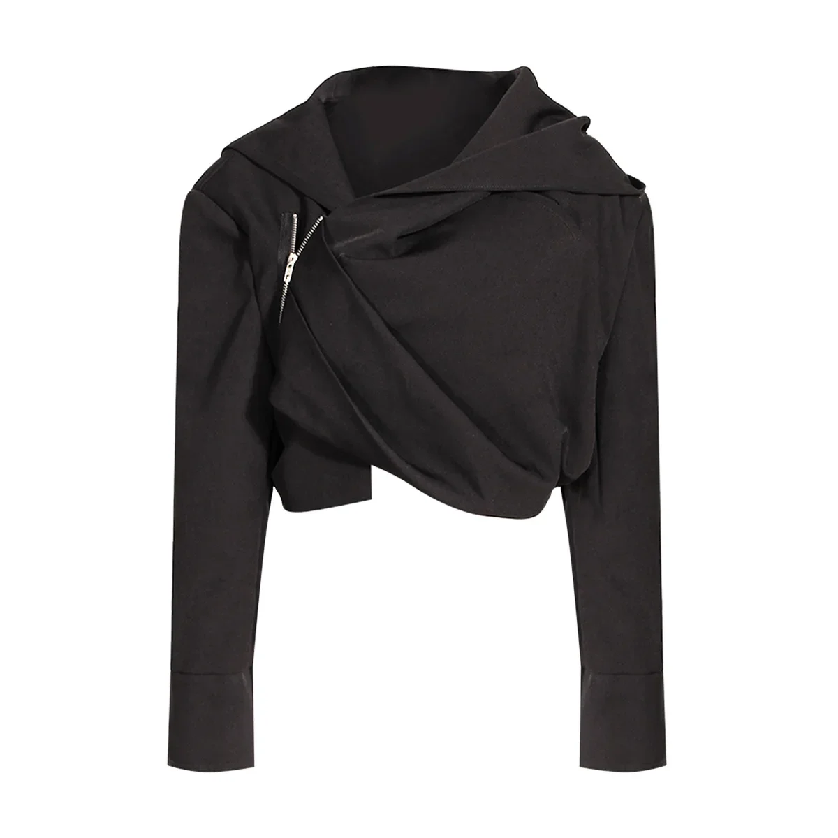 Black Hooded 1 Piece Women Jacket Female Zipper Casual Wear Long Sleeve Coat Outfit Streetwear