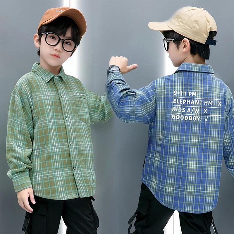 Children's Autumn Plaid Long Sleeved Shirt For Kids Boy Cotton College Style Blouses with Letters Age 5 6 7 8 9 10 11 12 13 14 Y