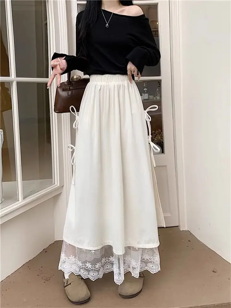 تنورة نصف تنورة جديدة من الدانتيل لعام 2025 للنساء لربيع وصيف تنورة طويلة فضفاضة للتخسيس على شكل حرف a