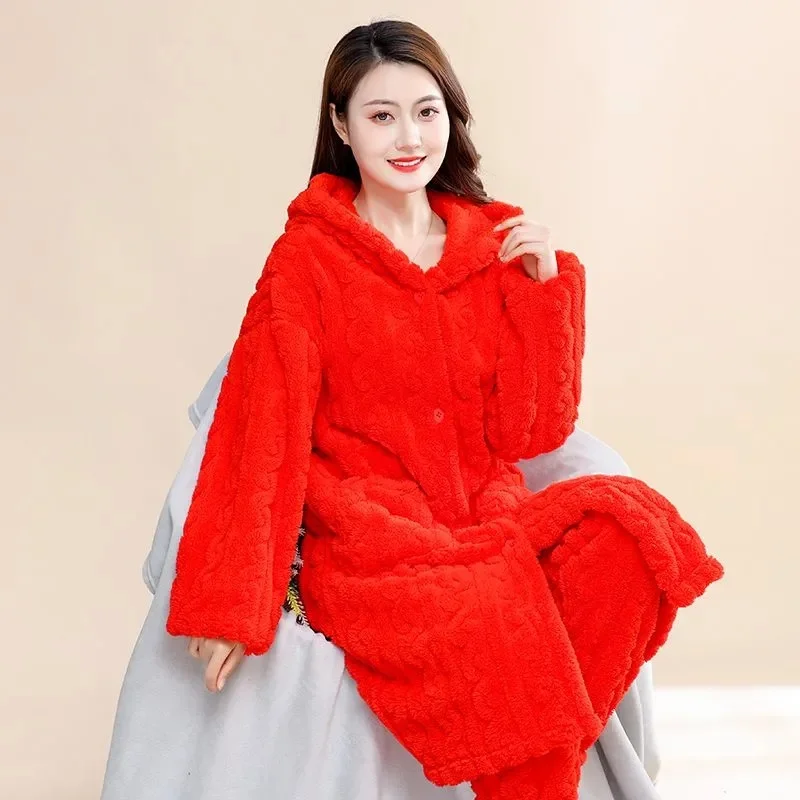 Pajama Women\'s Winter Robe Suit Thickened Long Flannel Warm Coral Velvet Home Clothes Sweet Autumn Outsuit Femme Pants Sets LJD