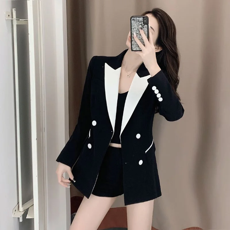 High-Quality Black Suit Jacket Women\'s 2022 Autumn Blazer Design Sense Of Contrast Color Lady Clothes Women\'s Trench Coat Spring