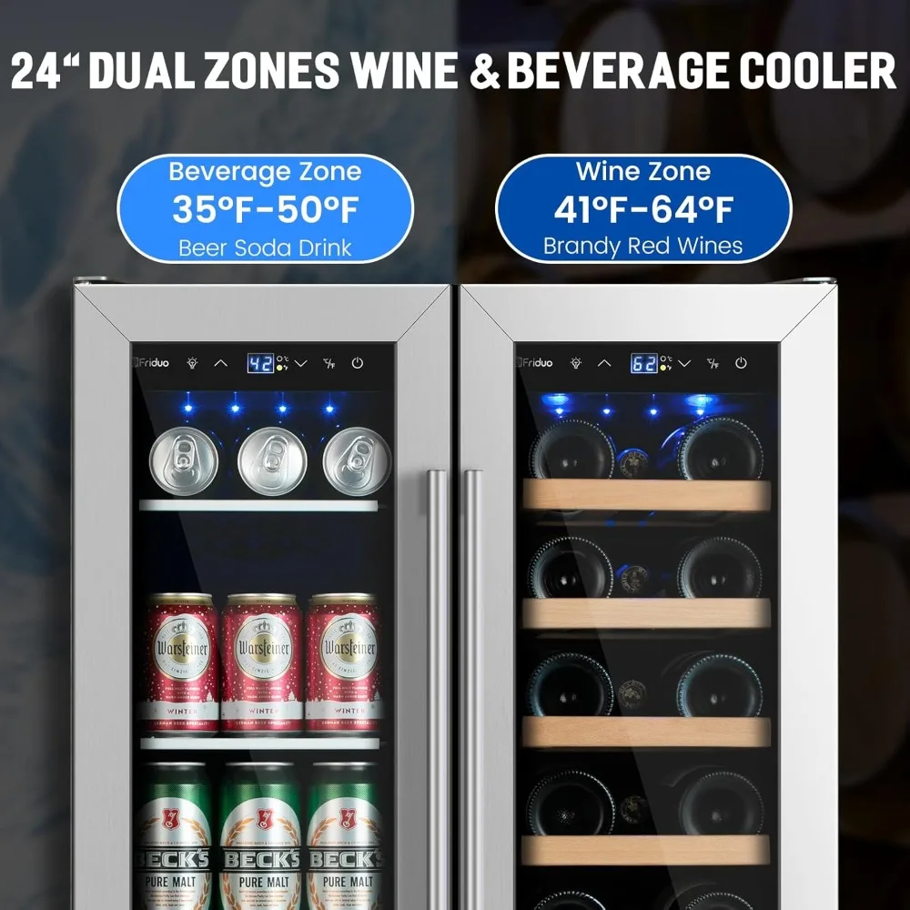 Wine and Beverage Refrigerator 24 inch, Dual Zone Wine Cooler Under Counter Lockable 20 Bottles and 88 Cans Fridge