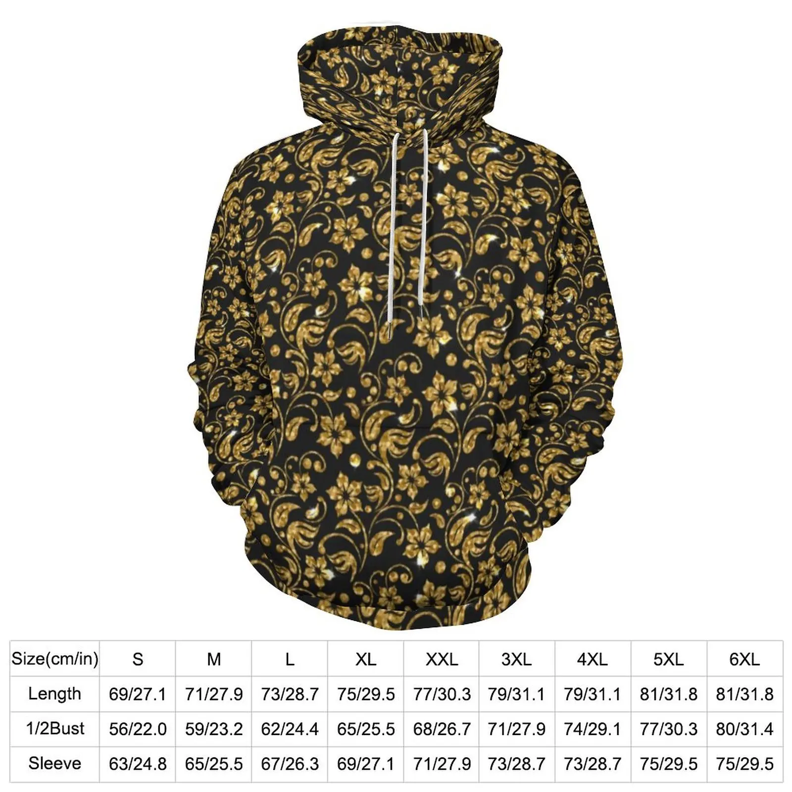 Gold Baroque Floral Casual Hoodies Flowers Print Street Wear Hoodie Unisex Long Sleeve Modern Graphic Top Big Size 4XL 5XL